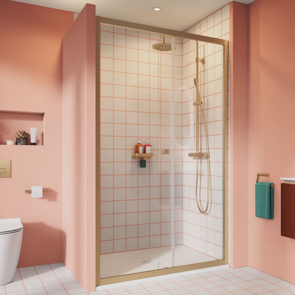 Lifestyle image of Crosswater Clear 6 Brushed Brass Single Sliding Shower Door Corner Installation